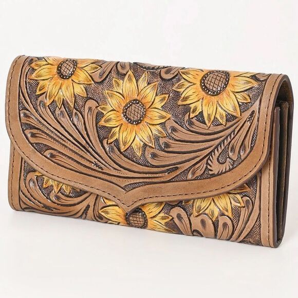 Ohlay Sunflower Hand Tooled Leather Wallet Womens Casual Western Accessory New - Picture 1 of 5